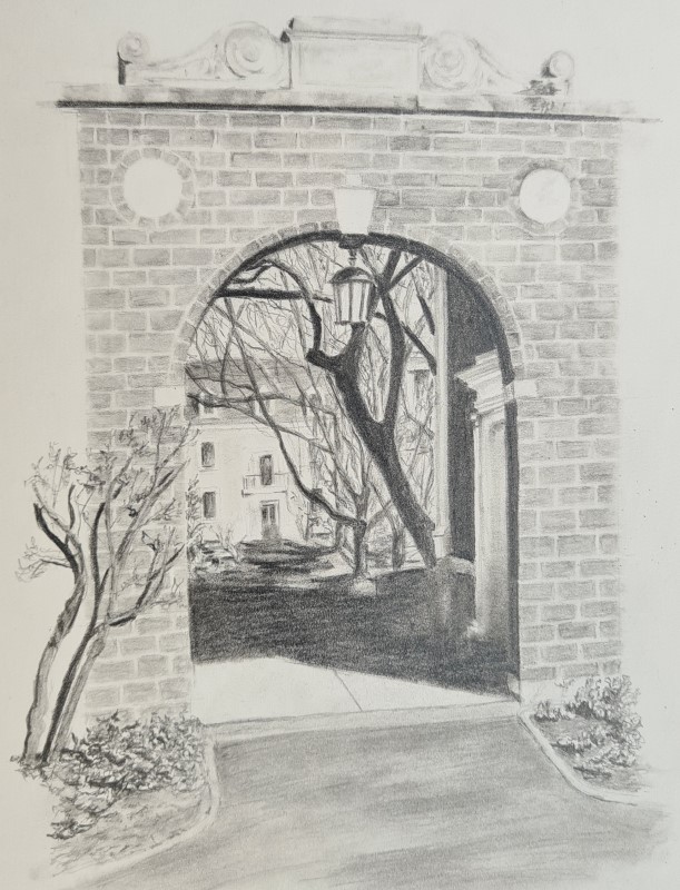 Рисунок в блокноте «Вид сквозь арку. Кембридж»