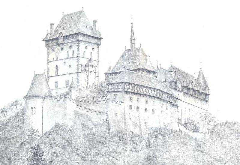 Рисунок карандашом «Замок Карлштейн в Чехии»