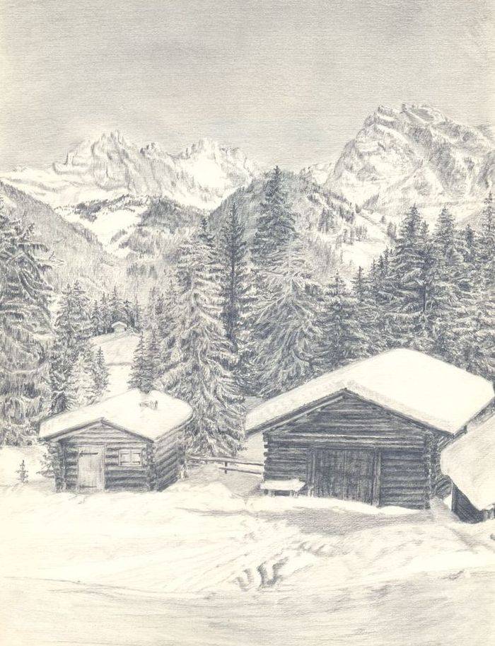 Рисунок карандашом «Горы в Валь Ди Фасса, Италия»