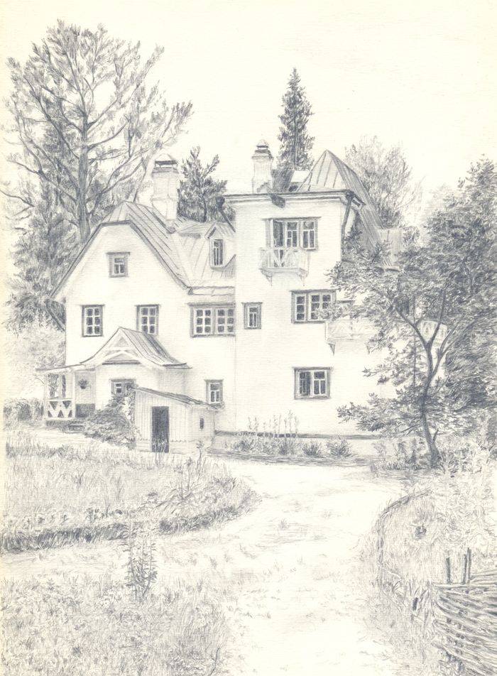 Рисунок карандашом «Большой дом в усадьбе Поленова»