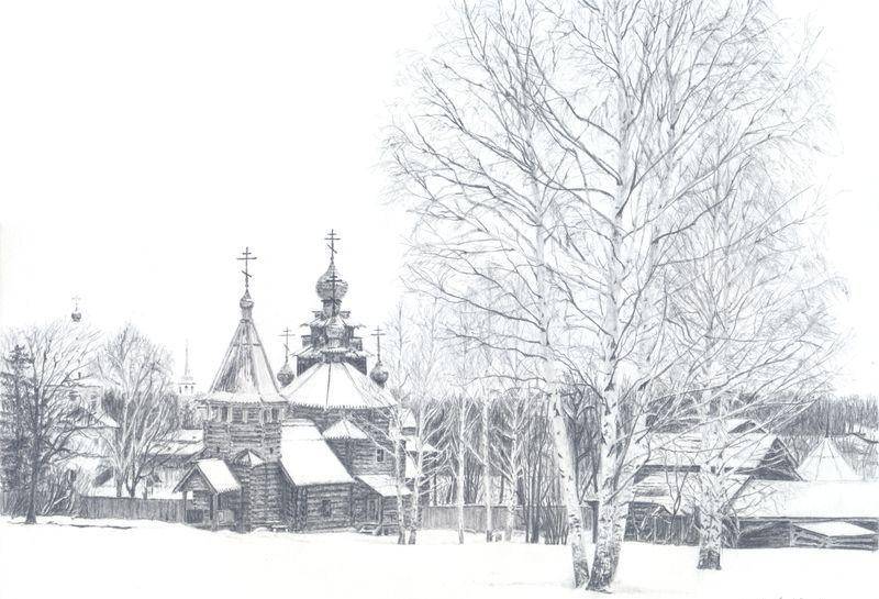 Рисунок карандашом «Церкви музея деревянного зодчества. Суздаль»